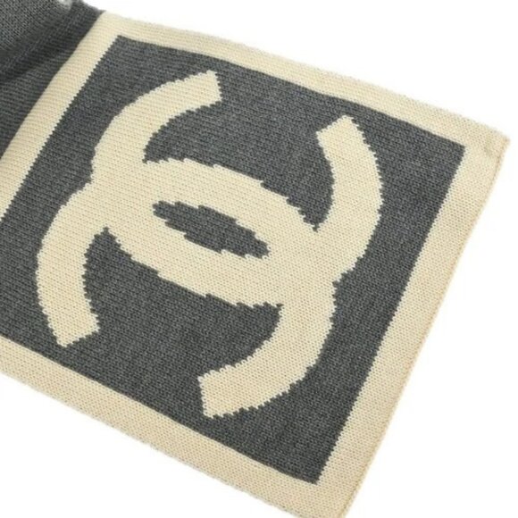Chanel Sport Line Scarf Shawl Muffler White Gray Small Good 145504